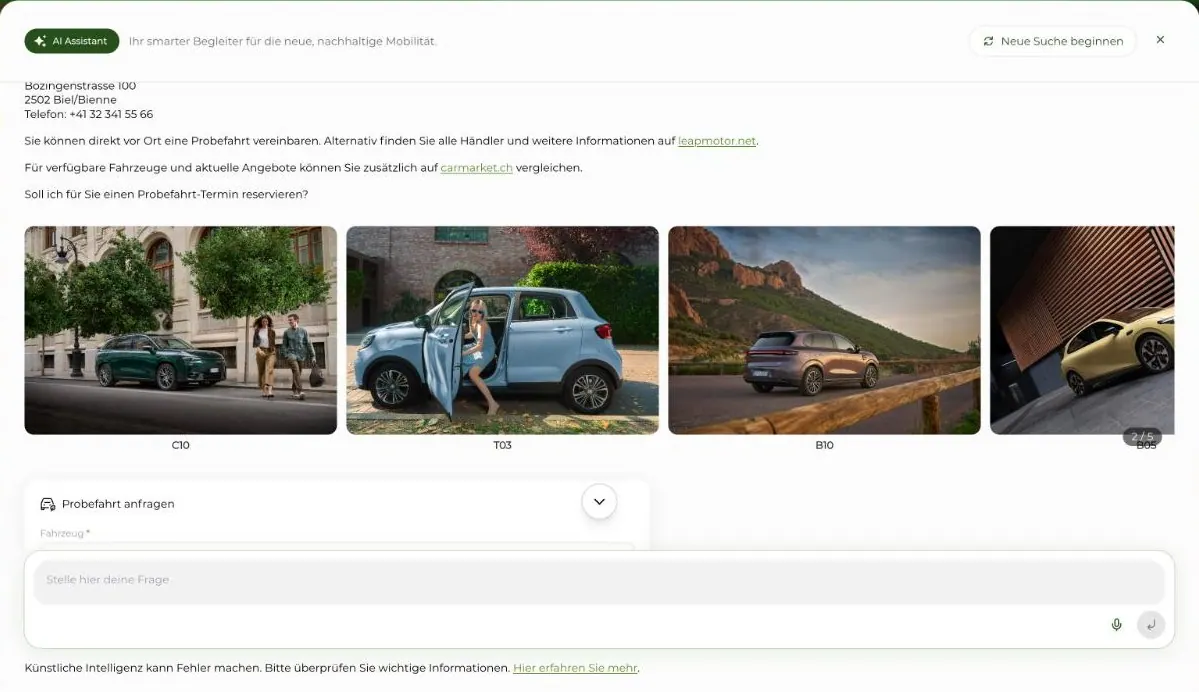 KI-Assistent auf leapmotor.net empfiehlt Modelle, nennt den Händler in Biel und bietet eine Probefahrt an