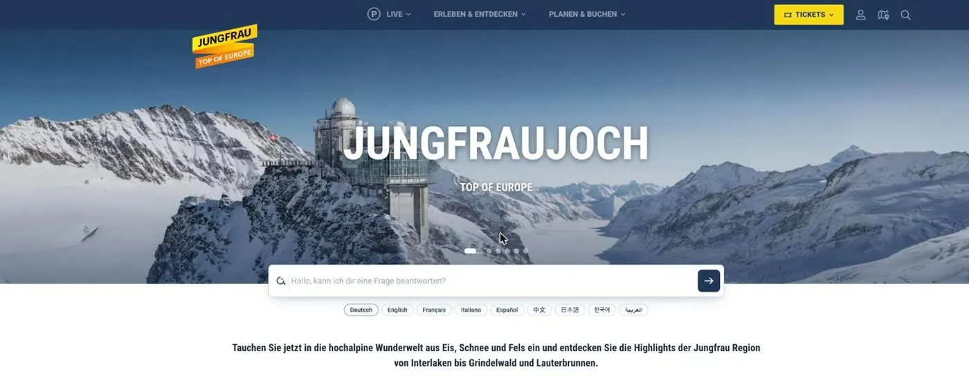 Startseite jungfrau.ch mit KI-Suche