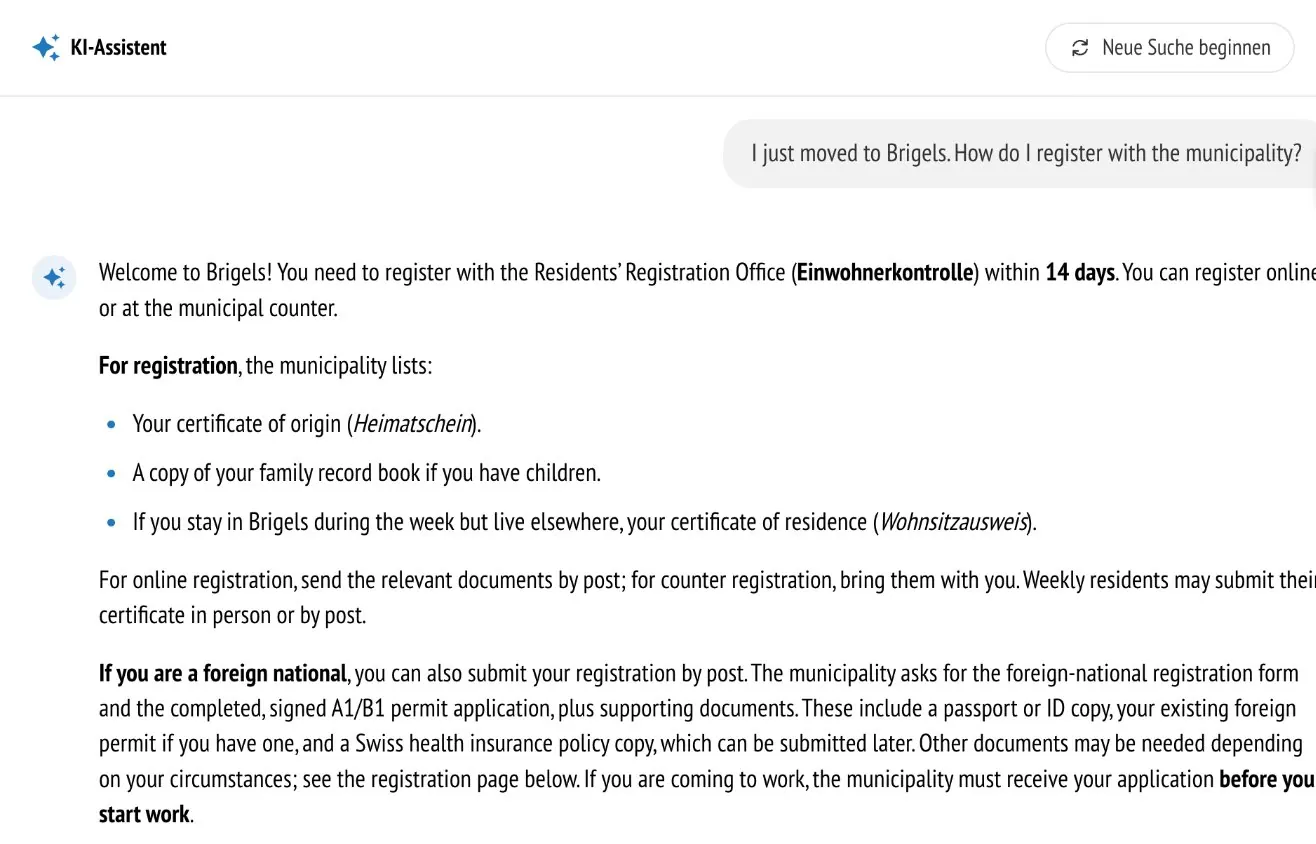 KI-Assistent auf breil.ch beantwortet eine englische Frage aus deutschen Quellen
